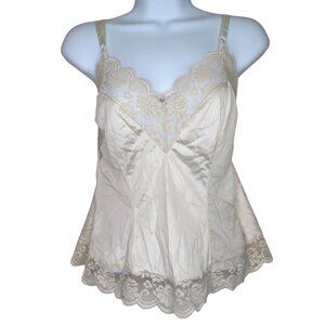 Vintage 80s Beige Lace Trim Satin Camisole Tank Top Womens M Nylon Lingerie USA